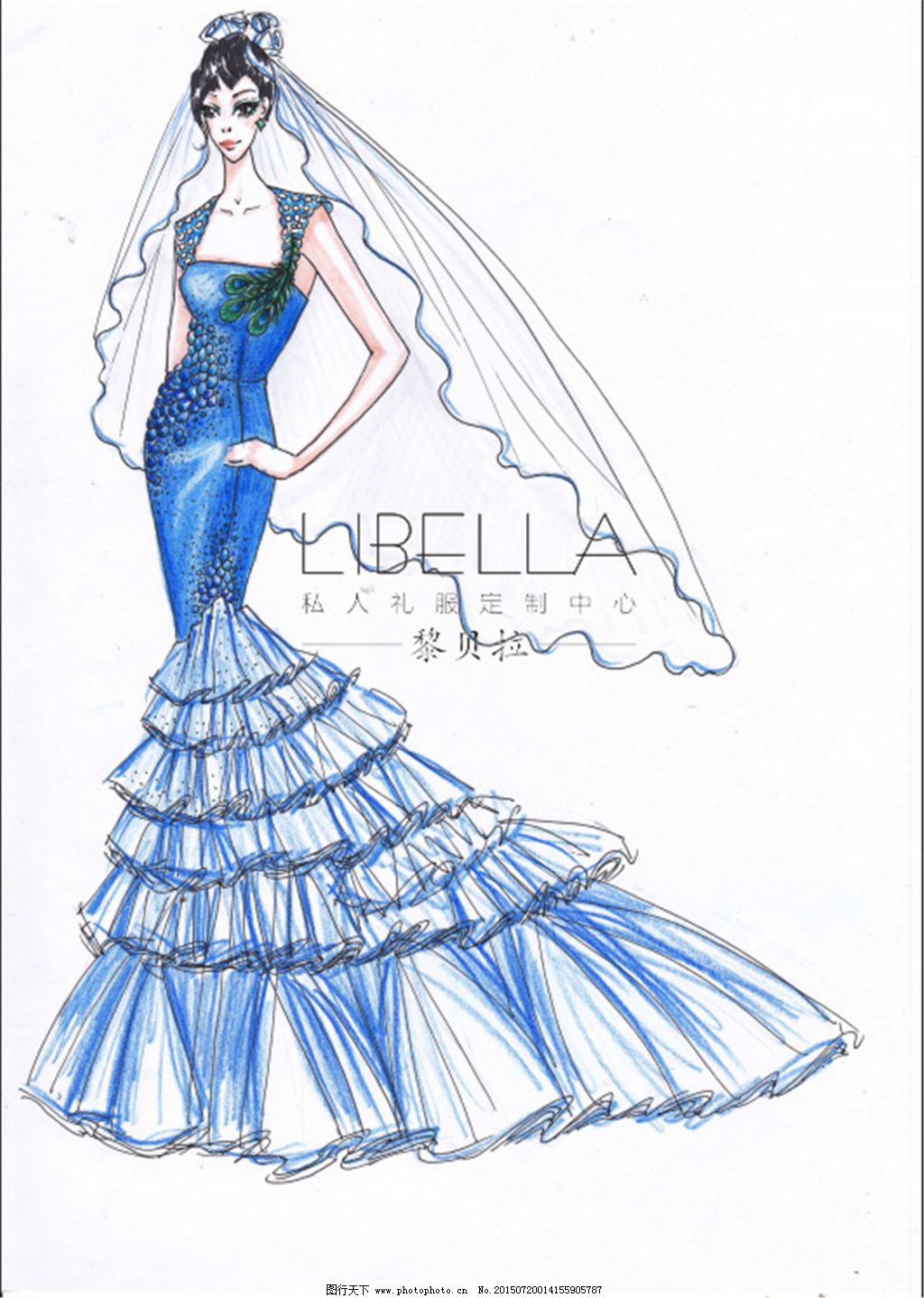 藍色拖尾手繪服裝設計